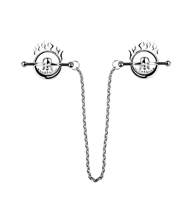 Kiotos Steel Flaming Skull Nipple Clamps – Adjustable Stainless Steel for Bold Bondage