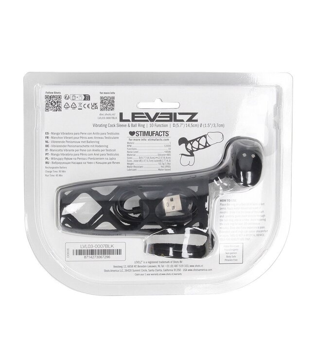 Levelz Vibrating Silicone Penis Sleeve & Ball Ring - Black, Waterproof Intensity
