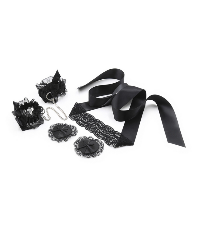 Crushious 3-Delige Zwarte Lace Bondage Set Met Blinddoek, Manchetten En Tepelbedekkers