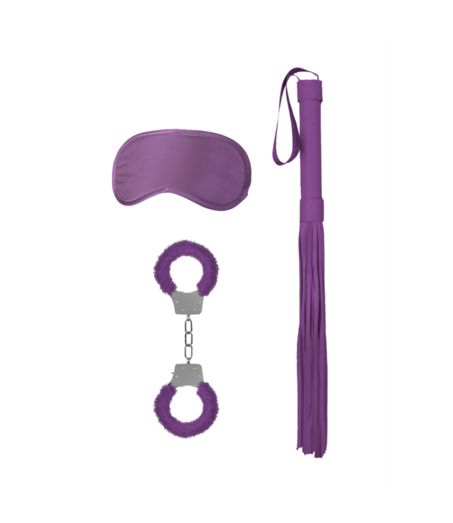 Ouch! Purple Bondage Kit #1: Fluffy Cuffs, Satin Mask & Flogger Set