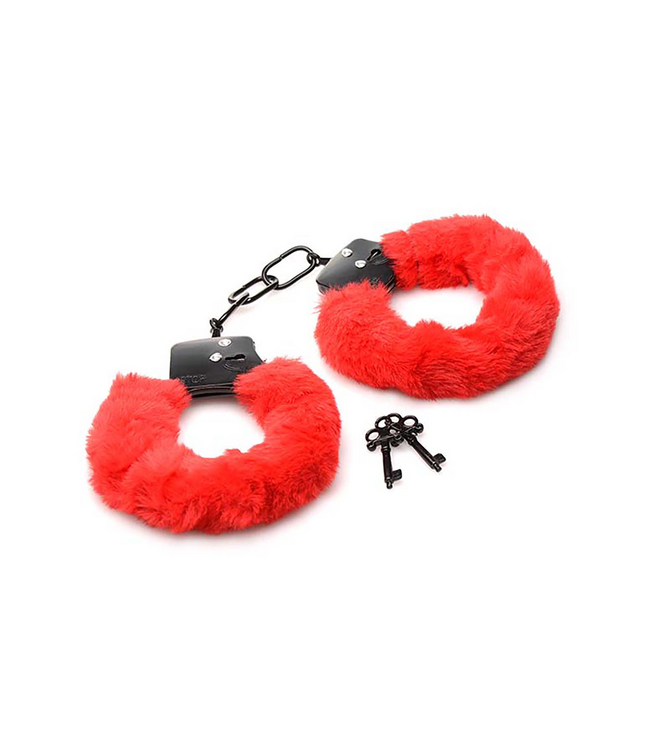 XR Brands Sensual Red Furry Handcuffs - Soft, Adjustable Bondage Pleasure