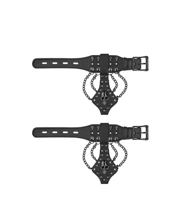 Ouch! Zwarte Bonded Leather Handboeien Met Afneembare Ketting En Schedeldesign