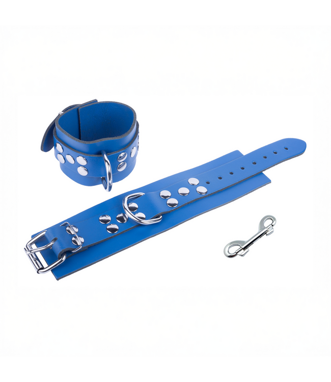 Red Leather Ultra Leather Handcuffs - Blue, Adjustable, Sturdy & Comfortable for SM Play