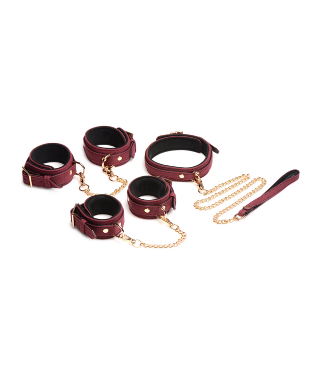 XR Brands 6-Delige Velvet Burgundy Bondage Set Van Vegan Microfiber PU-Leder