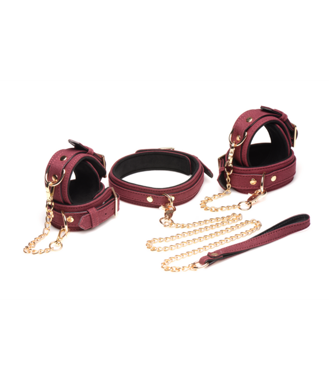 XR Brands 6-Delige Velvet Burgundy Bondage Set Van Vegan Microfiber PU-Leder