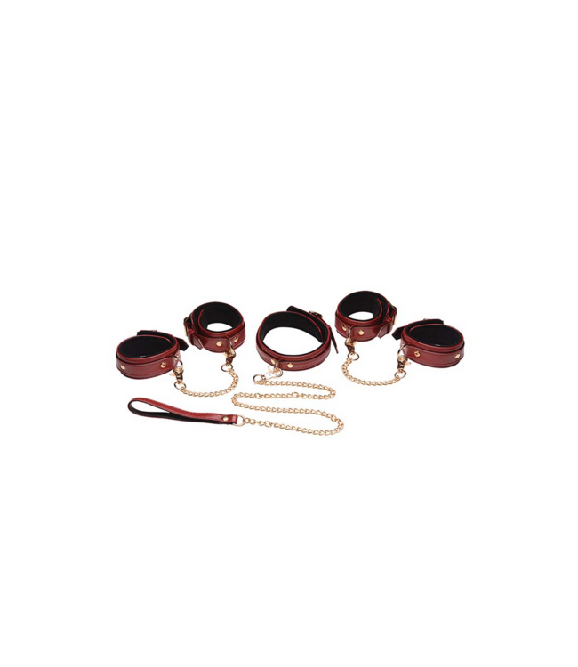XR Brands 6-Delige Bordeauxkleurige PU-Leer Bondage Set Met Stalen Accessoires