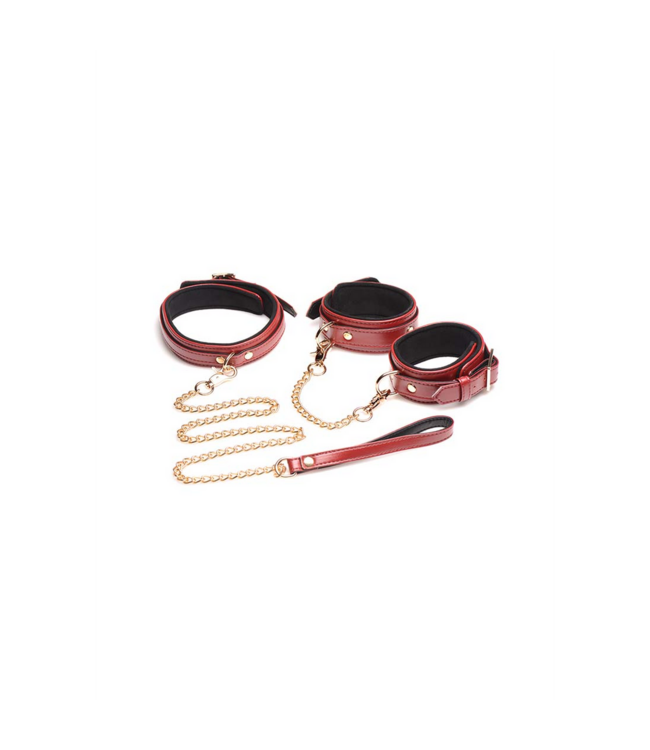 XR Brands 6-Delige Bordeauxkleurige PU-Leer Bondage Set Met Stalen Accessoires