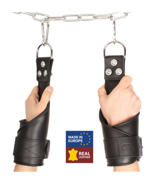 Red Leather Premium Black Leather Suspension Handcuffs with Carabiners - 100kg Capacity