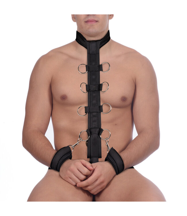 Ouch! Verstelbaar Nylon Restraint Harness Met Halsband, Handboeien En D-Ringen