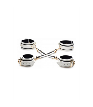XR Brands Kinky Glowing Hog Tie Set – Weißes PU-Bondage für intensives Vergnügen