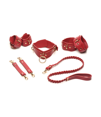 XR Brands Rode Veganistische Bdsm Set Met Pols-, Enkelbanden En Halsband Van PU-Leer