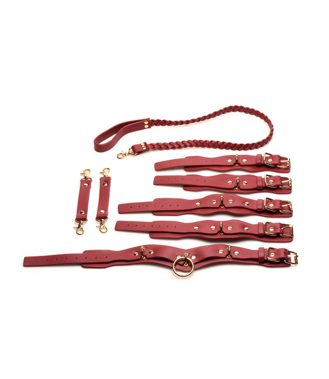 XR Brands Rode Veganistische Bdsm Set Met Pols-, Enkelbanden En Halsband Van PU-Leer