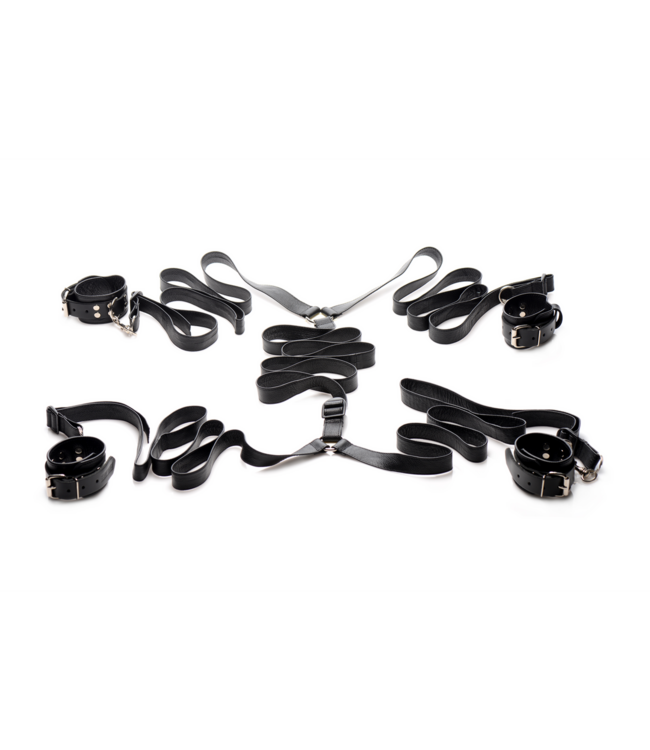 XR Brands Luxurious Adjustable Black Leather Bed Restraint Set for Ultimate Comfort