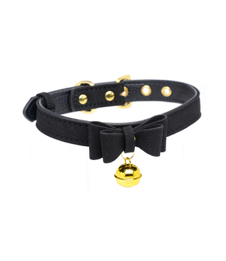 XR Brands Stijlvolle Zwarte Kattenhalsband van PU-Leer met Bel en Strikje - XR Brands