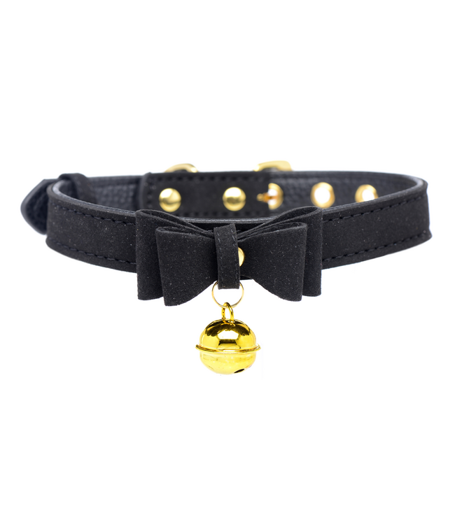 XR Brands Stylish Black/Gold Cat Collar with Bell & Bow - Soft PU Leather