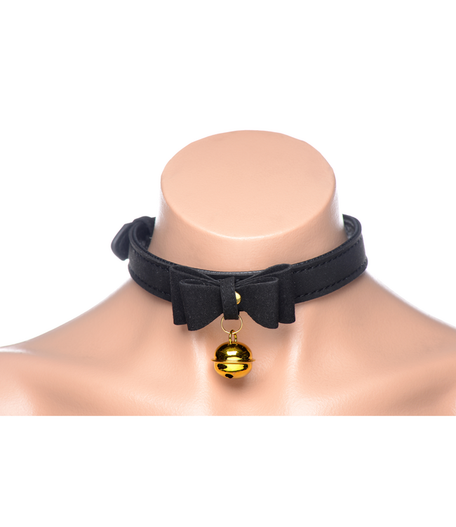 XR Brands Stijlvolle Zwarte Kattenhalsband van PU-Leer met Bel en Strikje - XR Brands