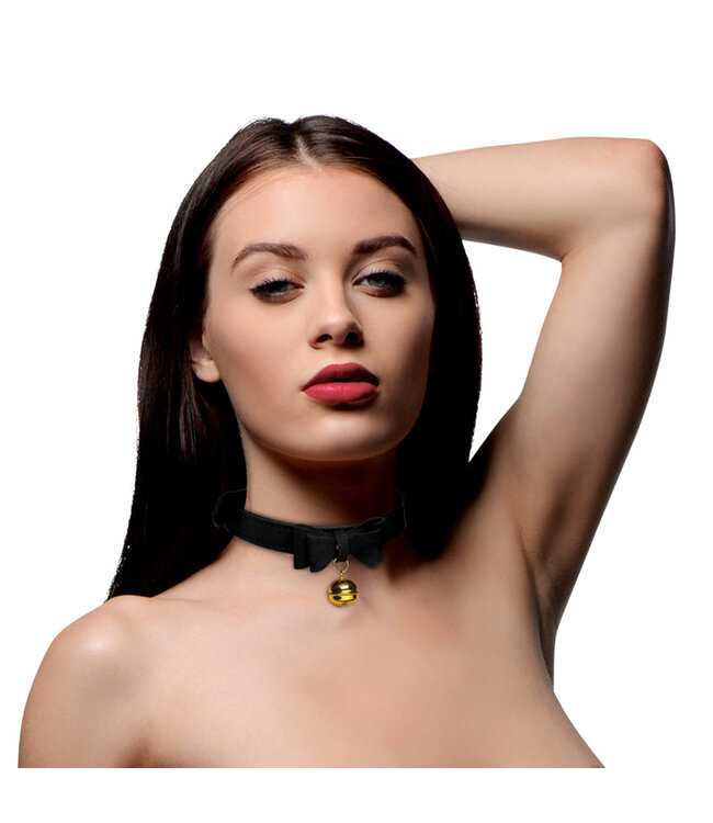 XR Brands Stylish Black/Gold Cat Collar with Bell & Bow - Soft PU Leather