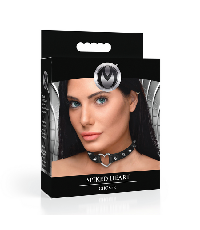 XR Brands Verstelbare Spiked Heart PU-Leer Kraag Zwart Met Stalen Details