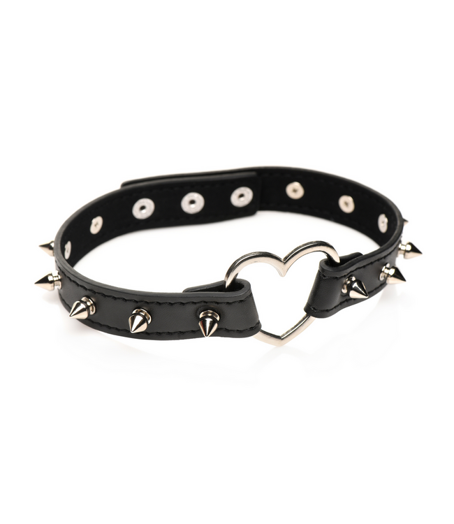 XR Brands Verstelbare Spiked Heart PU-Leer Kraag Zwart Met Stalen Details