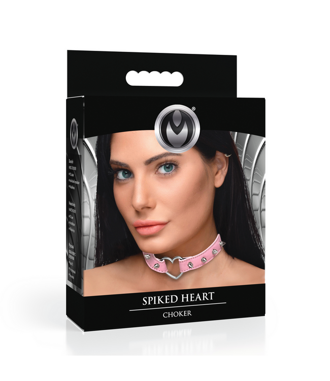 XR Brands Edgy Pink Spiked Heart Choker - Adjustable Kinky Style Accessory