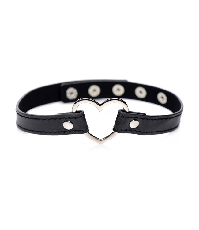XR Brands Zwarte Chrome Heart Choker Met Metalen Hart – Nikkelvrij, PU-Leer & Staal