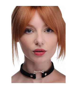 XR Brands Slim Kinky Kitty Ring Choker Zwart Verstelbaar PU-Leer & Staal