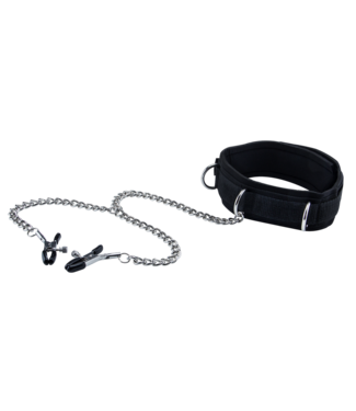 Ouch! Verstelbare Velcro Halsband Met Zachte Voering En Tepelklemmen Zwart