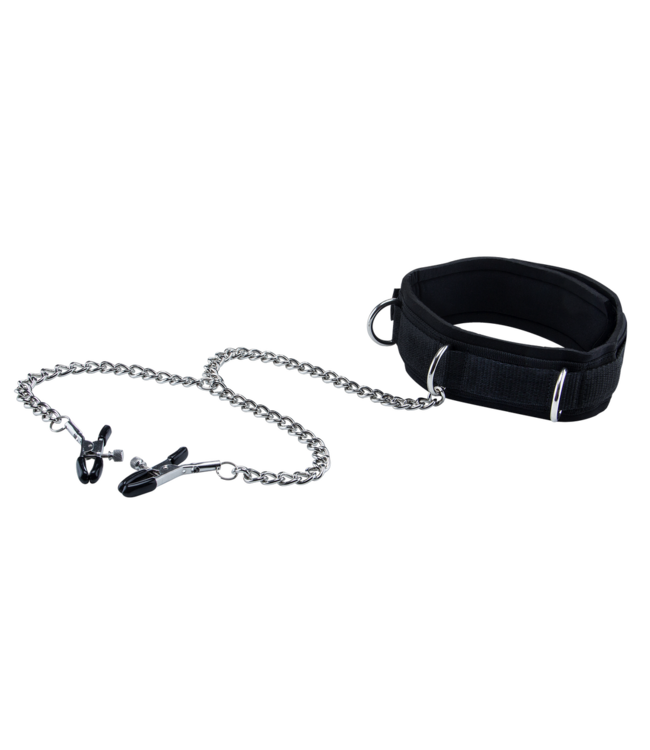 Ouch! Verstelbare Velcro Halsband Met Zachte Voering En Tepelklemmen Zwart