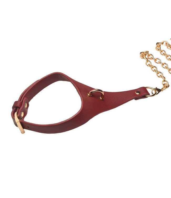 XR Brands Vegan Rood Leren Bondage Halsband Met Gouden Gespen En Lichaamsketting