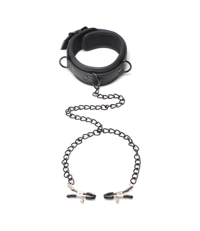 XR Brands Verstelbare Neopreen Halsband Met Tepelknijpers En Zwarte Kettingen