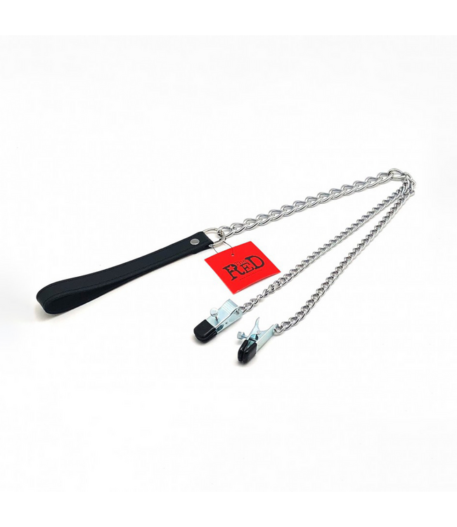 Red Leather Luxury Black/Silver Nipple Clamps with 55cm Leather Leash