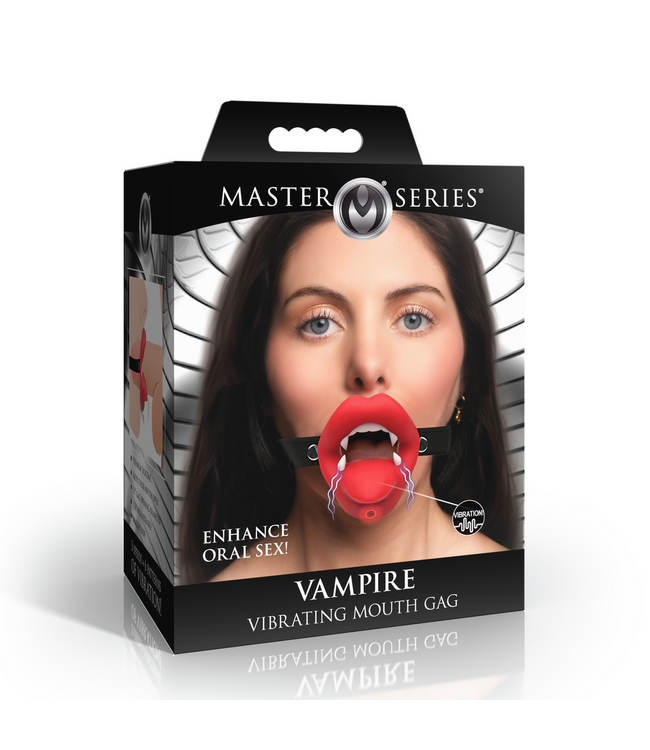 XR Brands Vampire Vibrating Mouth Gag Rood Met 3 Snelheden En 6 Vibratiepatronen