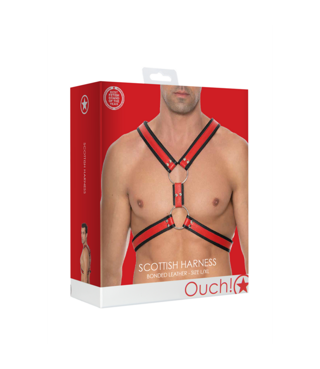 Ouch! Robuust Rood Lederen BDSM Harnas Met Verstelbare Riemen L/XL