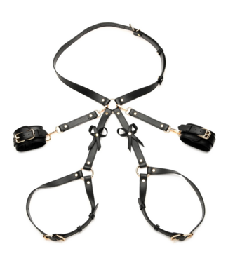 XR Brands Vegan PU-Leder Bondage Harnas Met Strikjes Voor Taille, Dijen En Polsen