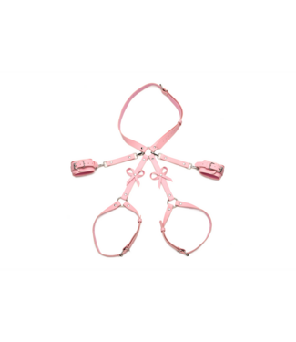 XR Brands Roze PU-Leren Bondage Harnas XL/2XL Met Strikjes Voor Taille, Dijen En Polsen