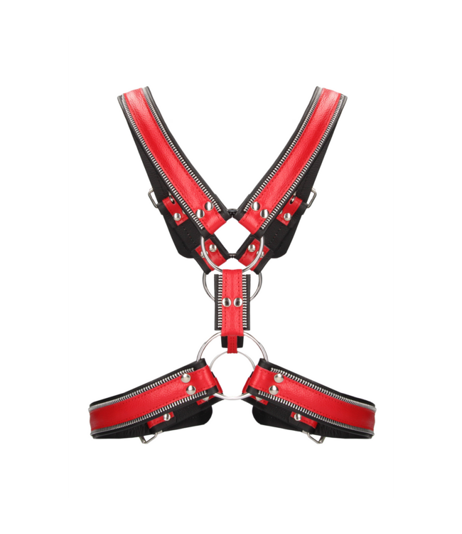 Ouch! Rood Leren BDSM Harnas Met Roestvrijstalen O-Ringen S/M – Ouch! by Shots