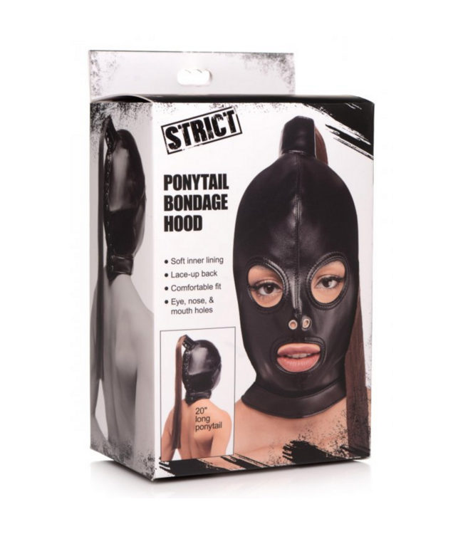 XR Brands Stylish Leather Bondage Mask with Ponytail Wig for Fetish Play