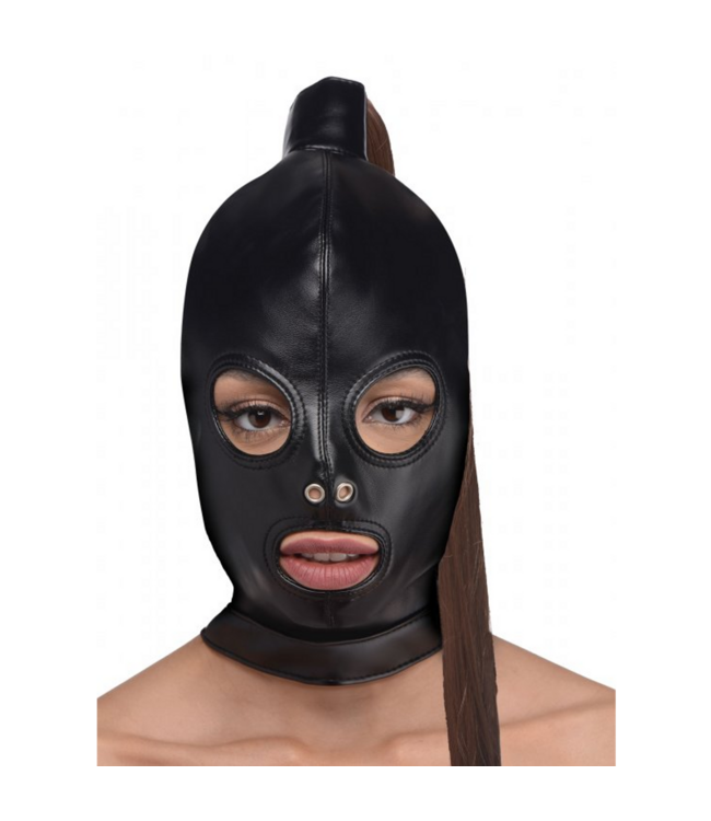 XR Brands Stylish Leather Bondage Mask with Ponytail Wig for Fetish Play