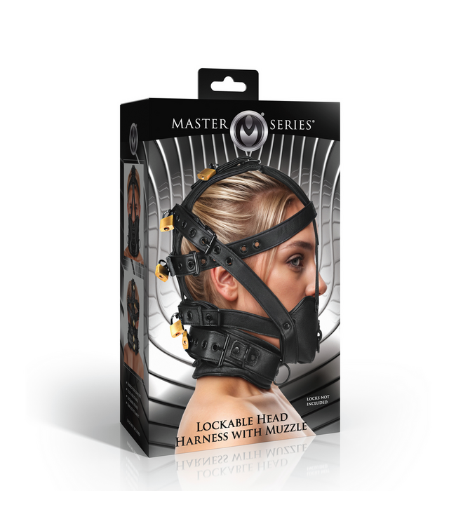 XR Brands Vegan Leather Adjustable Black Head Harness with Muzzle for Comfort & Style