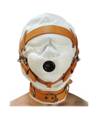 XR Brands Total Sensory Deprivation Leather Hood M/L - White & Brown Style
