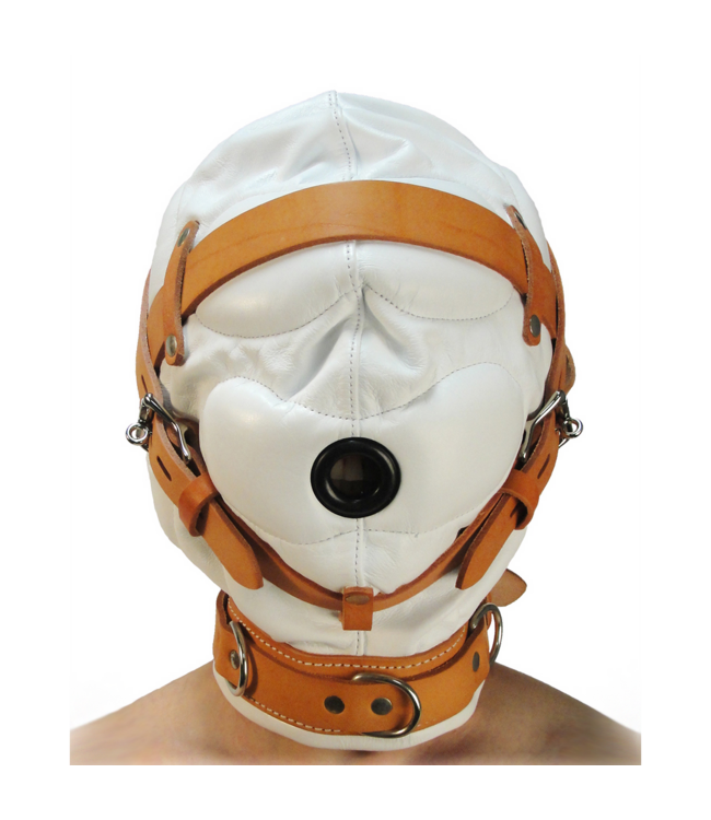 XR Brands Lederen Sensory Deprivation Hood M/L Wit Met Zachte Interne Kussens – XR Brands