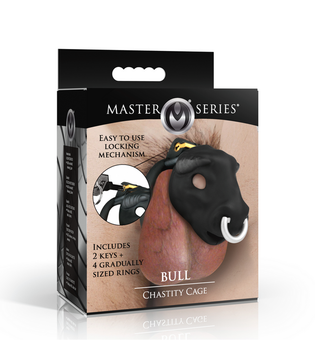 XR Brands Bull Chastity Cage Zwart Met Stierenkop En 4 Ringen Voor Nauwkeurige Pasvorm