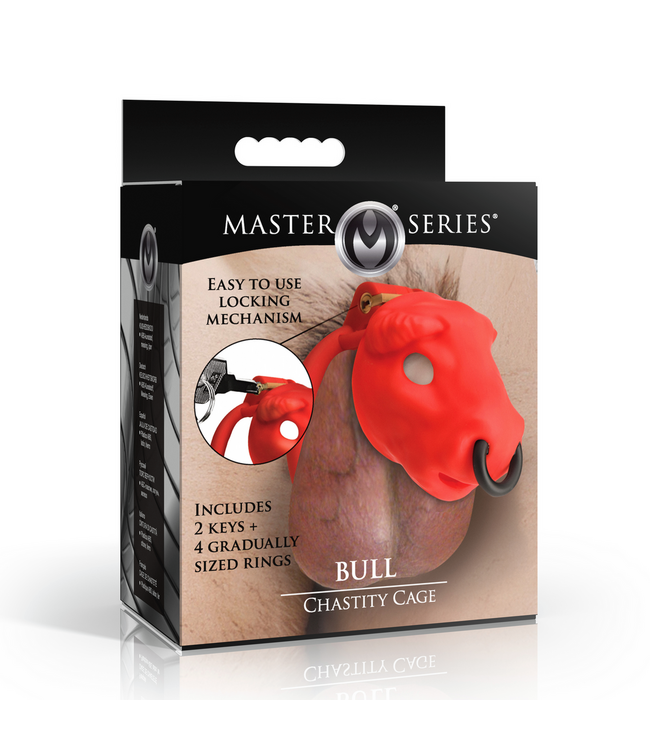 XR Brands Bull Chastity Cage Rood Met Stierenkop En 4 Ringen Voor Comfortabele Pasvorm