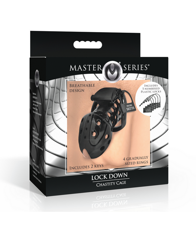 XR Brands Lock Down Chastity Cage Zwart | Ademend Comfort Met Cum-Thru Design