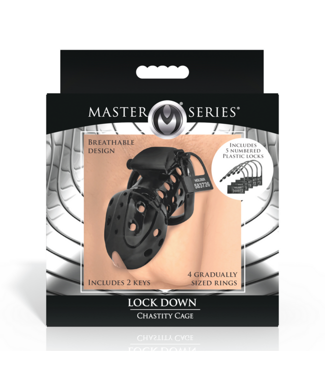 XR Brands Lock Down Chastity Cage Zwart | Ademend Comfort Met Cum-Thru Design