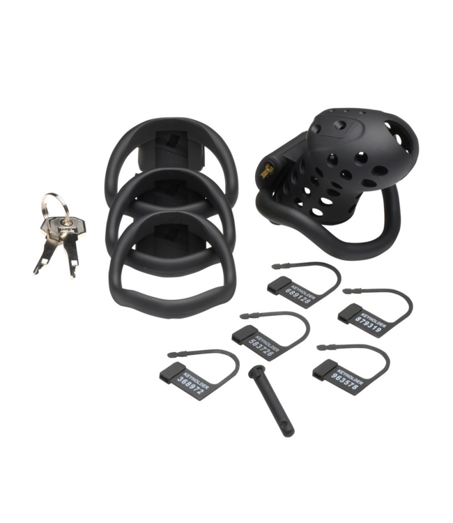 XR Brands Lock Down Chastity Cage Zwart | Ademend Comfort Met Cum-Thru Design