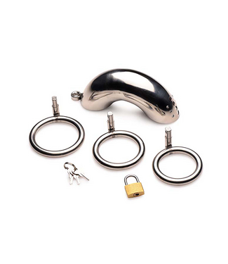 XR Brands Durable Lockable Stainless Steel Chastity Cage with 3 Rings