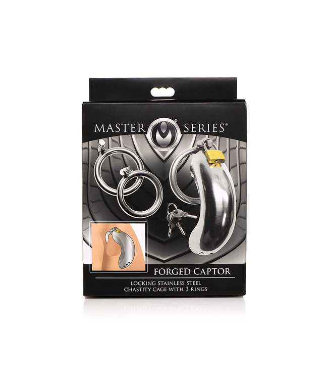 XR Brands Durable Lockable Stainless Steel Chastity Cage with 3 Rings