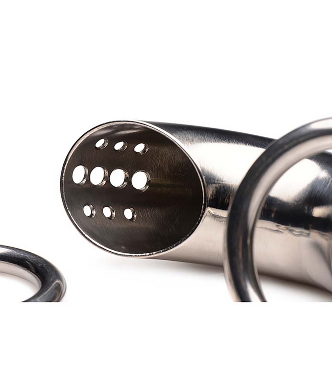 XR Brands Durable Lockable Stainless Steel Chastity Cage with 3 Rings