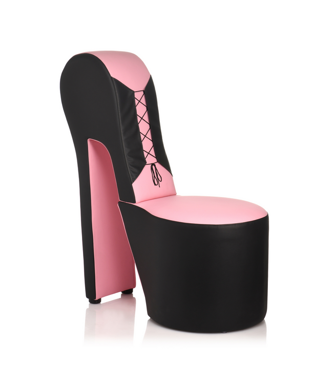 XR Brands Retro Roze Stilettohak Stoel Met Zwart PVC-Leer En Seventies Design